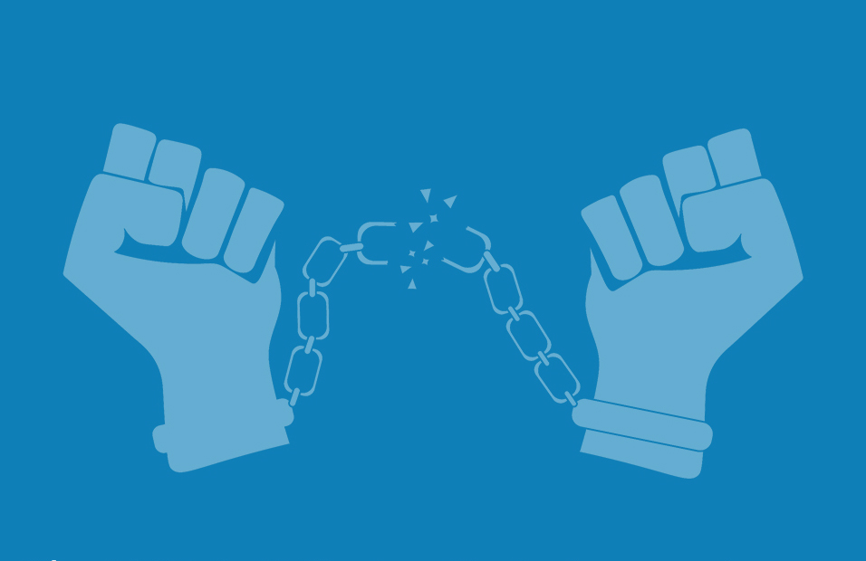 an image of light blue fists breaking chains against a medium blue background