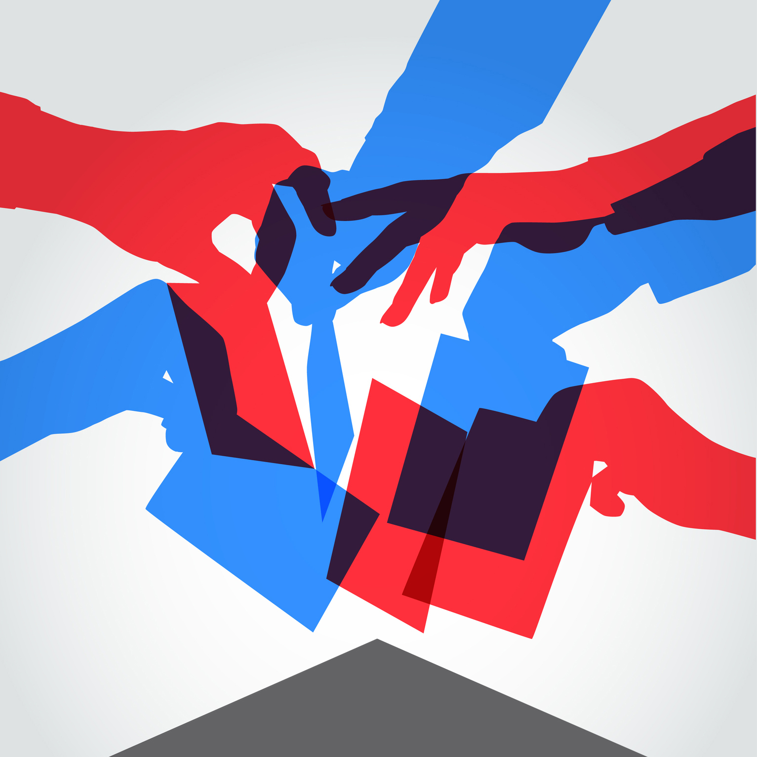 an overlay graphic of various blue and red hands dropping ballots into a box