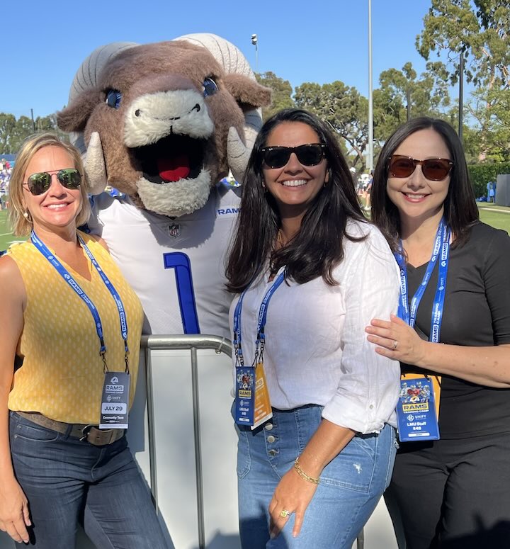 City councilmember Traci Park with LMU External Relations team and Los Angeles Rams mascot, Rampage