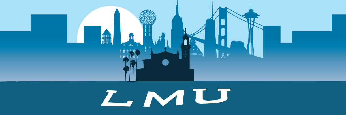 A silhouette image of the LMU letters in front of Sacred Heart Chapel with various city landmarks behind them.
